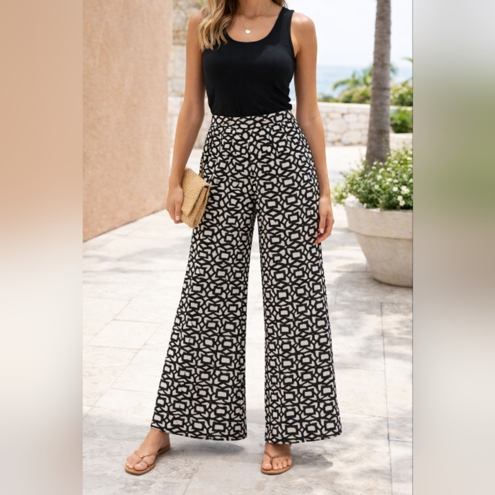 Aryeh Black White GeometricPrint Palazzo Pants Wide Leg Stretch Boho Size S